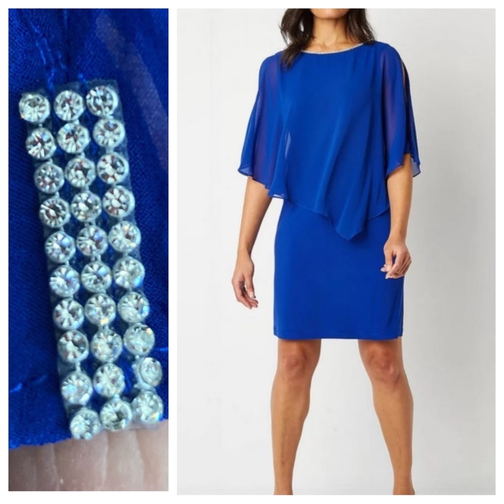 MSK Formal Women's 3/4 Split Sleeve Embellished Cape Sheath Dress Blue Small